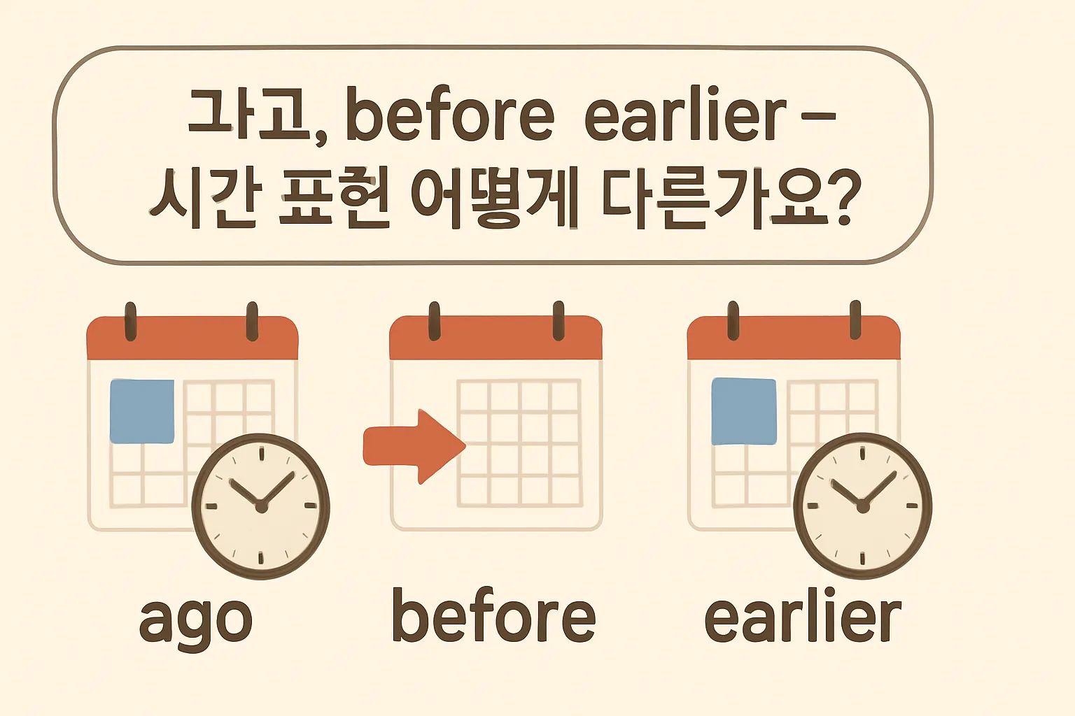 “ago”, “before”, “earlier” — 시간 표현 어떻게 다른가요?